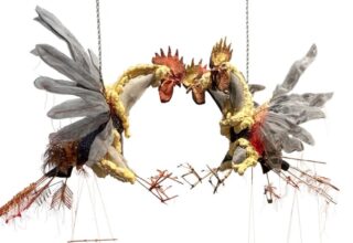 Manju Shandler - Cock n Guf, 2016, mixed media, 48 x 24 x 32 inches